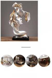 Abstract silver couple kissing sculpture detail with gold accents and four interior scenes