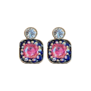 Vintage geometric square studs with pink center stone and colorful crystals