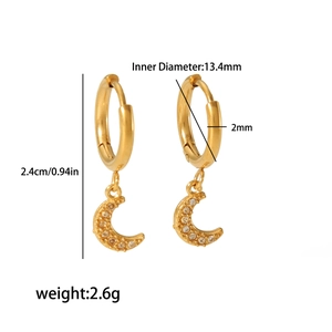 Detailed technical diagram of 18K gold crescent moon earrings with cubic zirconia charms