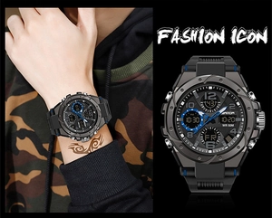 Orologio sportivo SANDA nero con doppio display digitale-analogico e accenti blu
