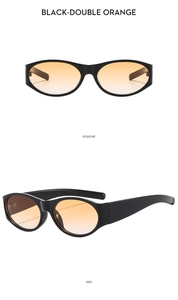 Detail view of retro oval sunglasses with black frames and orange gradient lenses