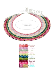 Detail showing natural strawberry quartz and tourmaline bead necklace with dimensions