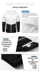 Detail view of hooded sports jacket featuring windproof zippers and contrast patchwork