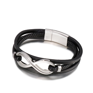 Bracciale multistrato in pelle intrecciata nera con simbolo dell'infinito e fibbia magnetica