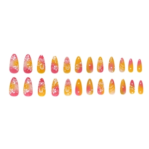 Pink orange gradient press-on nails with white tropical flowers and pearl accents