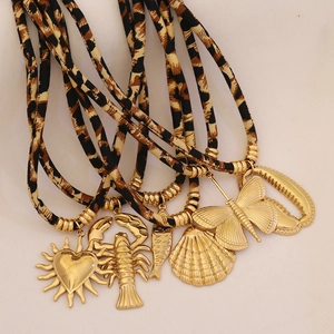 Leopard print rope necklace set with gold heart butterfly and shell pendants