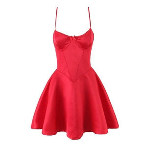 Elegant red satin mini dress with thin straps and supportive bustier structure