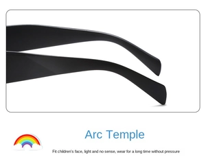 Detailed close-up of ergonomic curved black temples for kids' cat-eye sunglasses