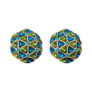 Vintage geometric sphere stud earrings with green and blue crystals on gold metal