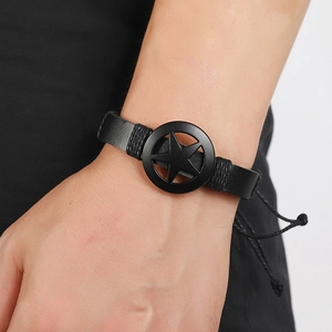 Men's black multilayer leather bracelet featuring a classic star emblem with adjustable cord