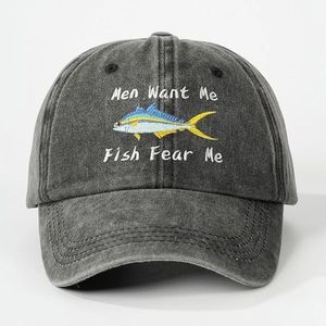 Close-up of Men Want Me Fish Fear Me embroidery on washed cotton gray baseball cap