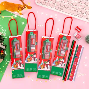 5-in-1 Christmas stationery set for kids featuring HB pencils, ruler, eraser and sharpener