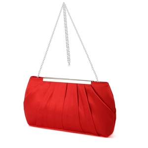 Elegant red pleated satin evening clutch bag with a silver chain and metal clasp closure