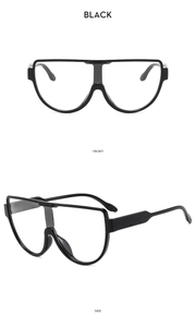 Front and side view of trendy black semi-rimless oversized shield sunglasses for fashion