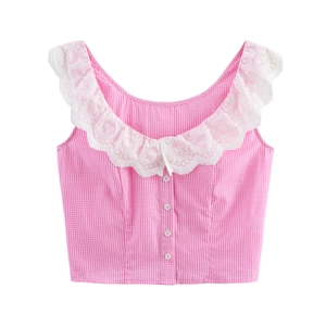 Pink plaid slim fit cropped vest with white lace trim and single-breasted buttons