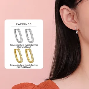 925 Sterling Silver Rectangular Huggie Earrings For Women Gold White Gold Plated Pave Rhinestone Geometric Fashion Jewelry