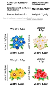 Detailed size and weight specs for blue peony and daisy floral enamel pins
