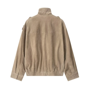 Back view of classic tan suede leather jacket with stand collar and epaulettes