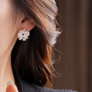 Gros plan d'une boucle d'oreille fleur argentée avec pétales en cristal et perle centrale