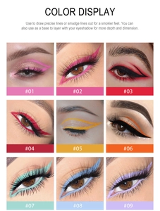 Gedetailleerde kleurweergave van 9 tinten waterproof eyelinerpotloden op ogen