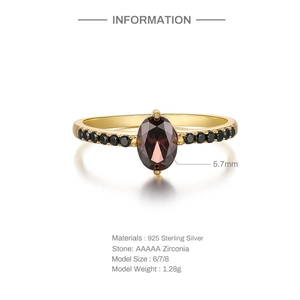 Detail of S925 sterling silver ring with oval red AAAAA zircon and black side stones