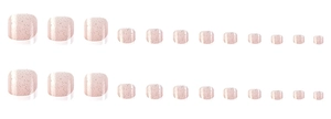 Macro detail of 20-piece glittery pale pink press-on toenails in various sizes