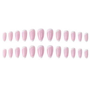 French tip almond press-on nails with white diagonal stripes and soft pink base color