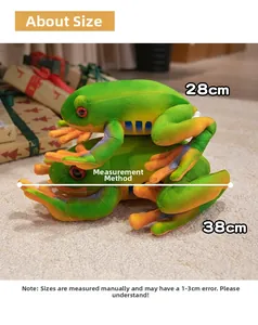 Size comparison of 28cm and 38cm green plush frog dolls with measurement guide details