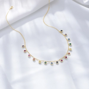 925 Sterling Silver Round Colorful Zirconia Necklace For Women Rainbow Gemstone Pendant Gold Plated Station Clavicle Chain