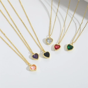 Minimalist gold chain heart pendant necklaces in six vibrant assorted gemstone colors