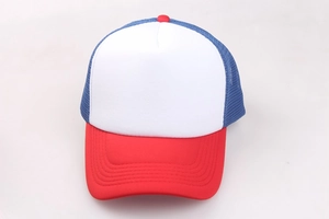 Detailed close-up of red, white, and blue mesh trucker hat with premium stitching