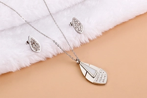 Detailed view of silver titanium waterdrop jewelry set with white shells and crystals