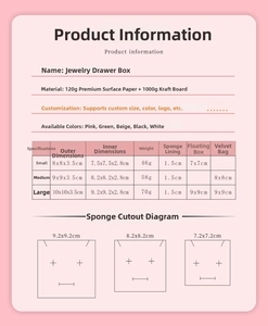 Detailed size specifications table for premium cardboard jewelry drawer packaging boxes