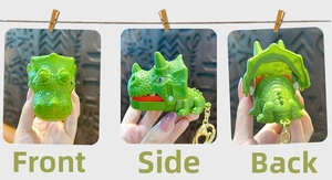 Green triceratops silicone case shown from front, side and back angles in detail