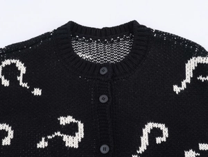 Close-up of black knit cardigan featuring white question mark jacquard pattern and rib neck