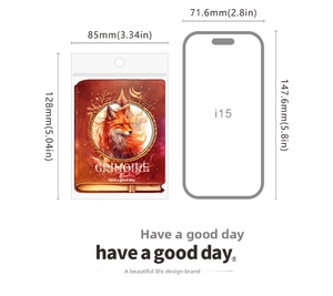 Size comparison of Grimoire fox sticker book with an iPhone 15 on white background