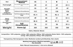 Size chart for vintage print padded jacket showing measurements for XS S M L sizes