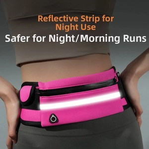 Detail view of pink sports waist bag featuring high-visibility silver reflective strip