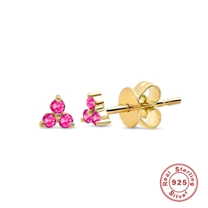 Macro detail of 925 sterling silver three-stone pink zircon flower stud earrings