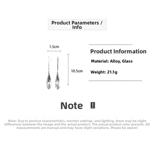 Detail view of long glass teardrop earrings showing 10.5cm height and 1.5cm width specs