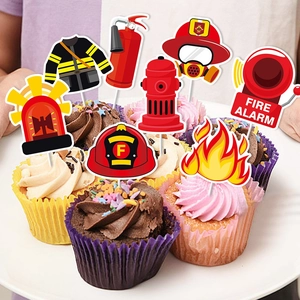 Firefighter birthday cupcake toppers set with fire extinguisher and helmet decorations