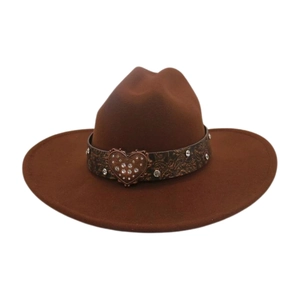 Detail of brown wool felt cowboy hat featuring a heart-shaped buckle with rhinestones