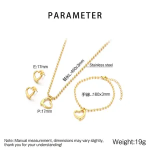 Parure de bijoux 3 pièces en acier doré avec pendentifs cœur évidé et chaînes à billes