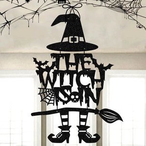 Décoration De Porte Sorcière Halloween Papier Pailleté Effrayant Panneau The Witch Is In Pour Fête