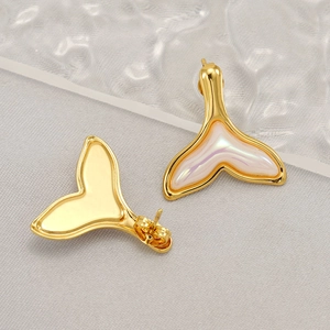 18K gold plated stainless steel fishtail stud earrings with pearlescent resin inlay