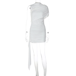 Detail view of white off-the-shoulder mini dress featuring elegant pleated textures and ribbon