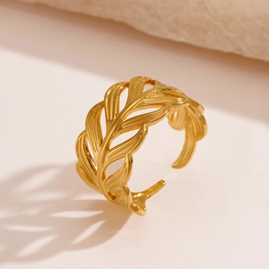 Elegant gold leaf hollow adjustable open ring with detailed wheat ear design