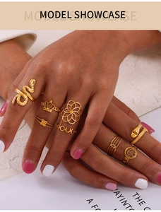 Detailed view of 9-piece gold ring set featuring snake and mandala designs for stacking