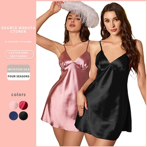 Damen Sexy Satin Nachthemd V Ausschnitt Satinnimitat Unterkleid Schlafanzug Ärmellos Mini Nachtgewand Loungewear