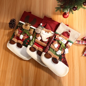 Christmas Stockings Large Linen Burlap Plush 3D Santa Snowman Reindeer Applique Hanging Gift Bags Holiday Home Decor